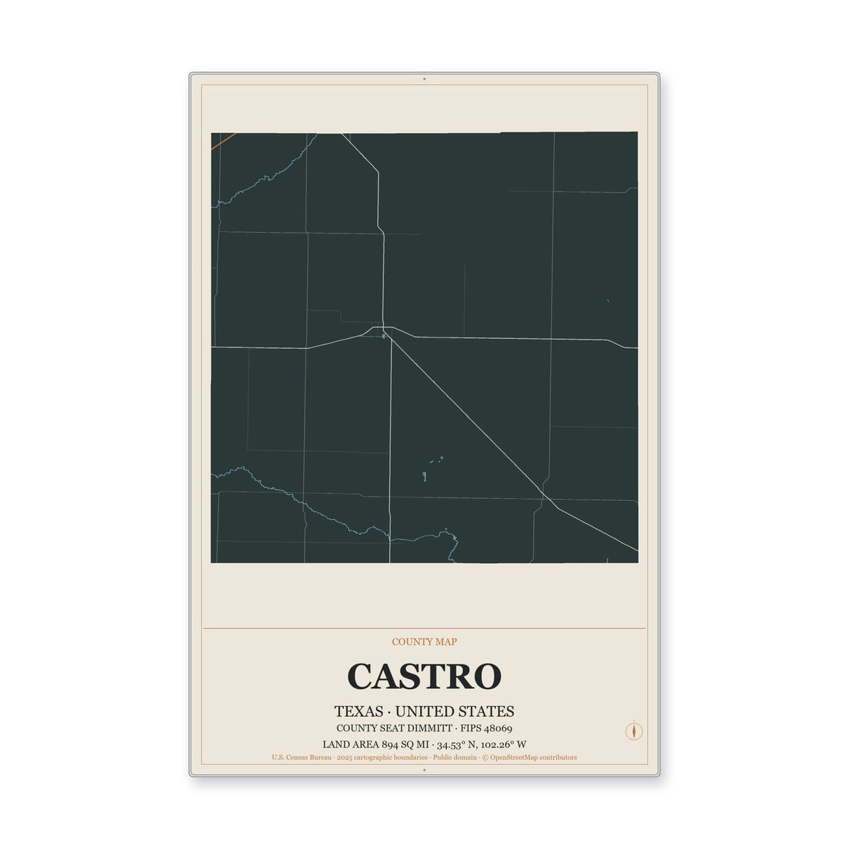 Castro County, Texas Map Aluminum Sign in Headline Atlas style
