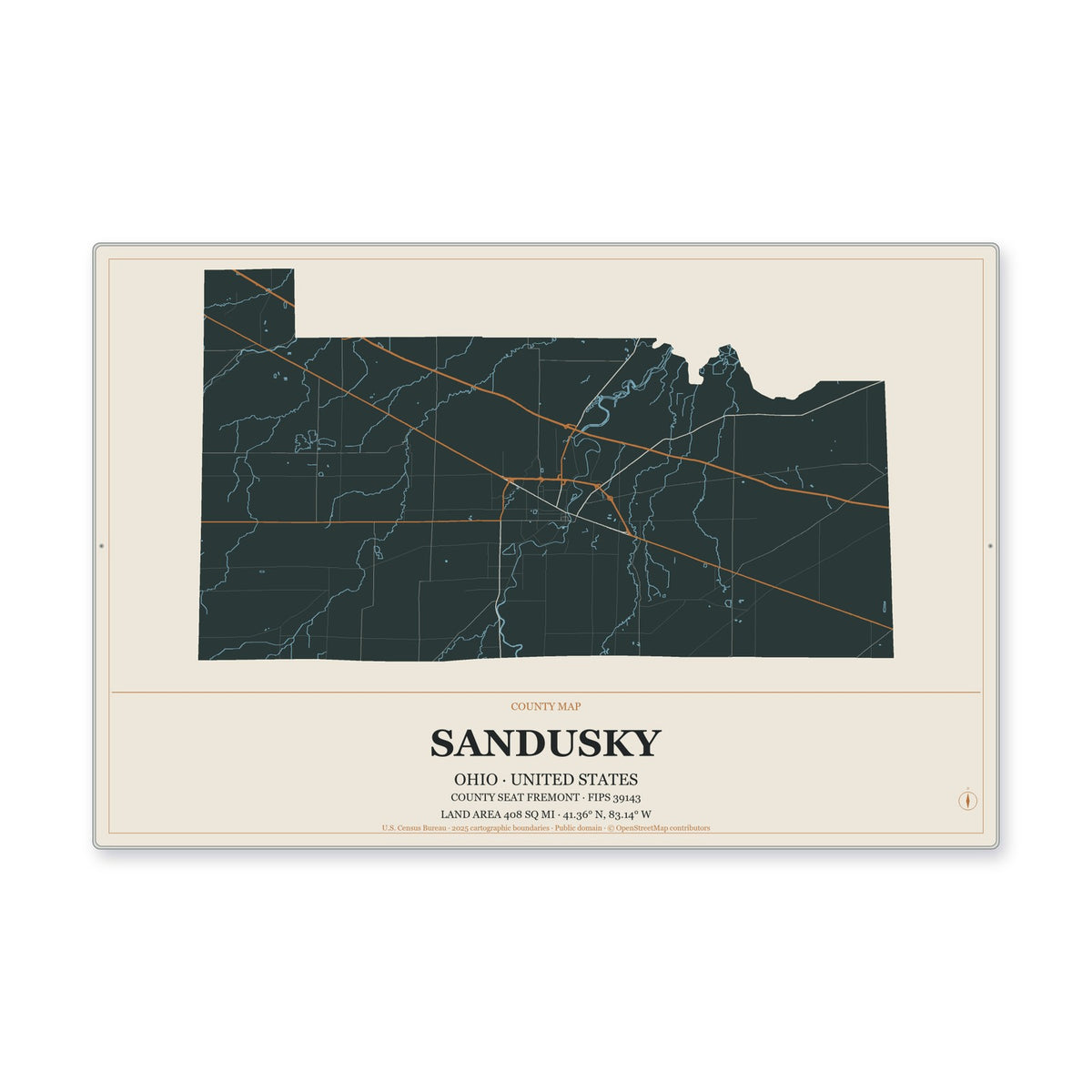 Sandusky County, Ohio Map Aluminum Sign in Headline Atlas style
