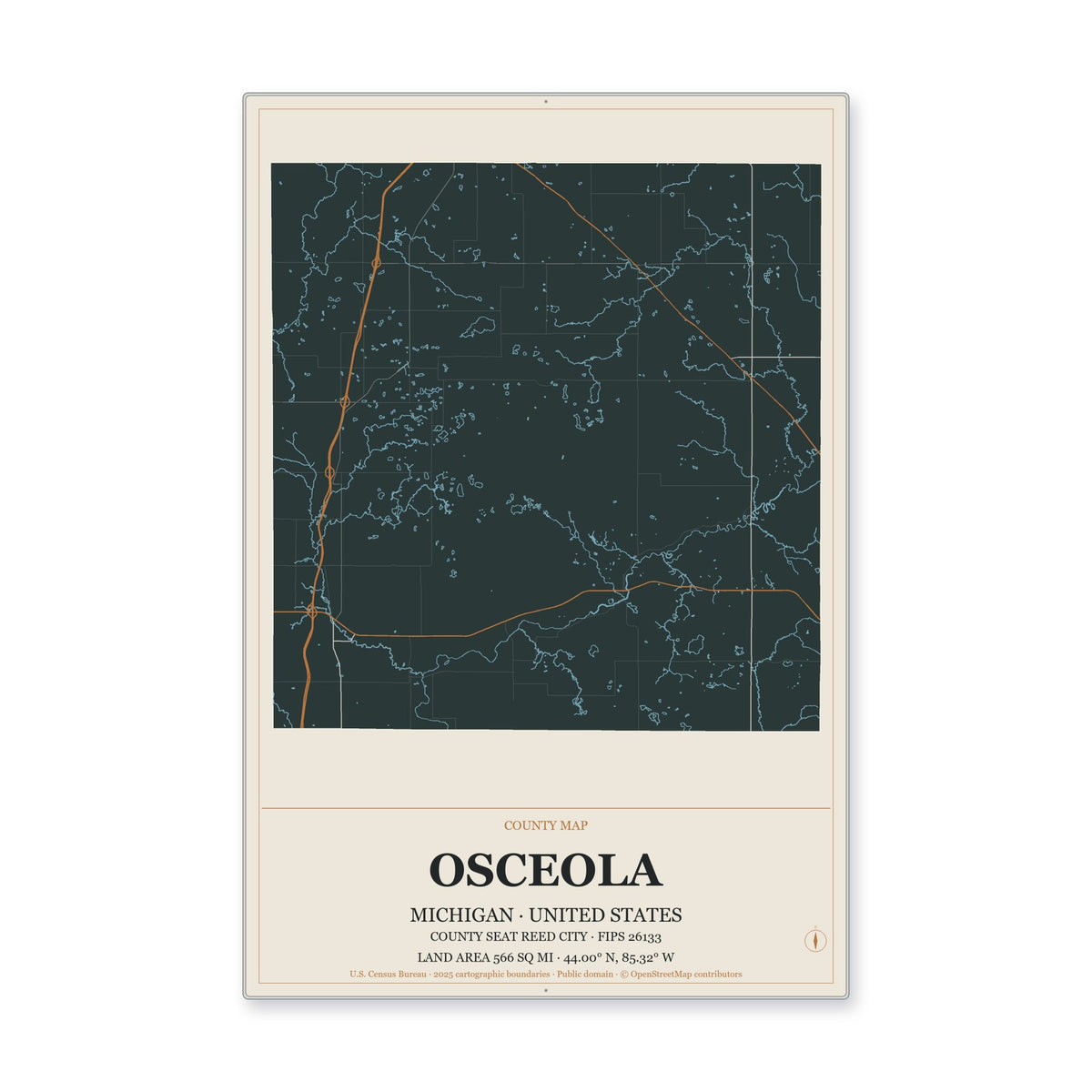 Osceola County, Michigan Map Aluminum Sign in Headline Atlas style
