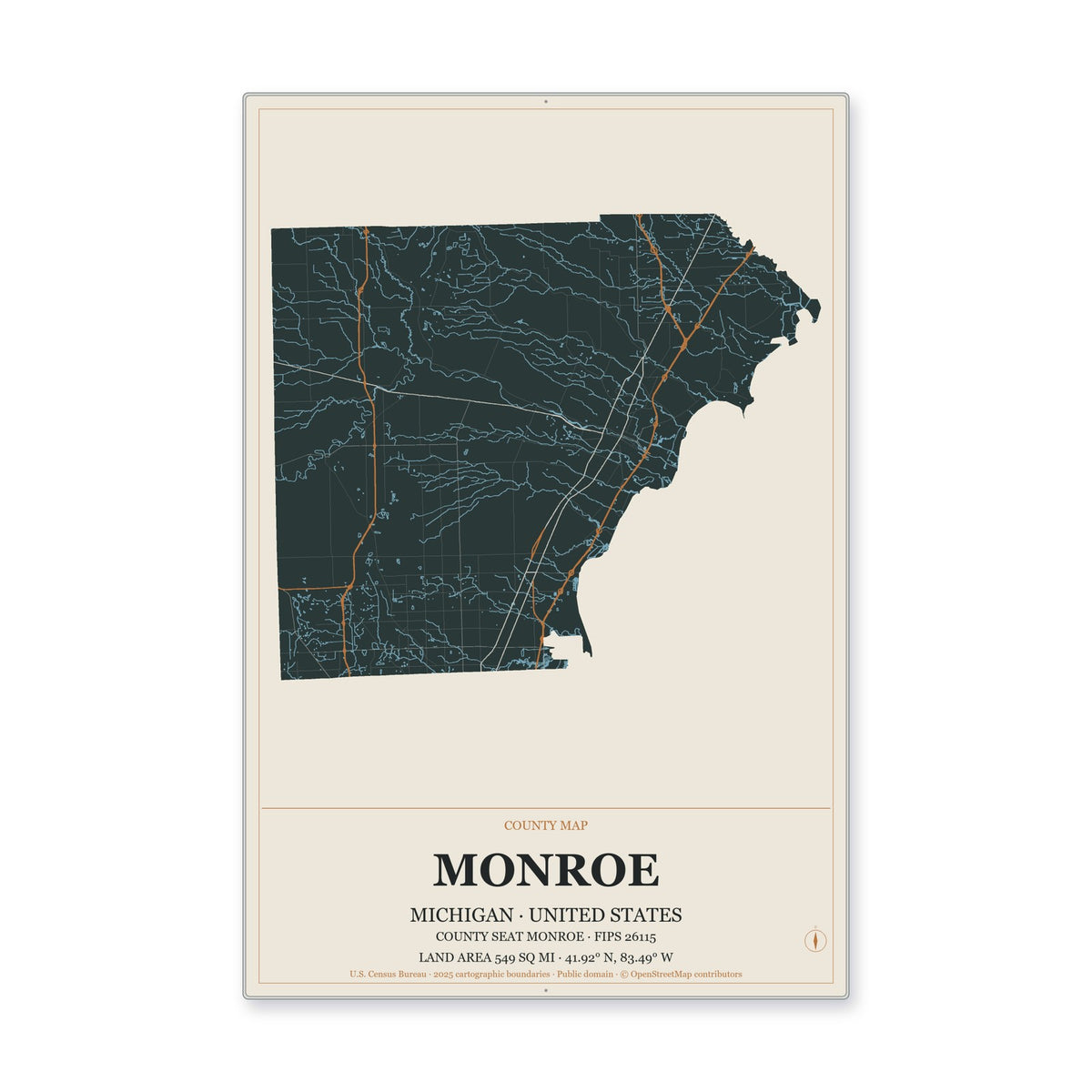 Monroe County, Michigan Map Aluminum Sign in Headline Atlas style