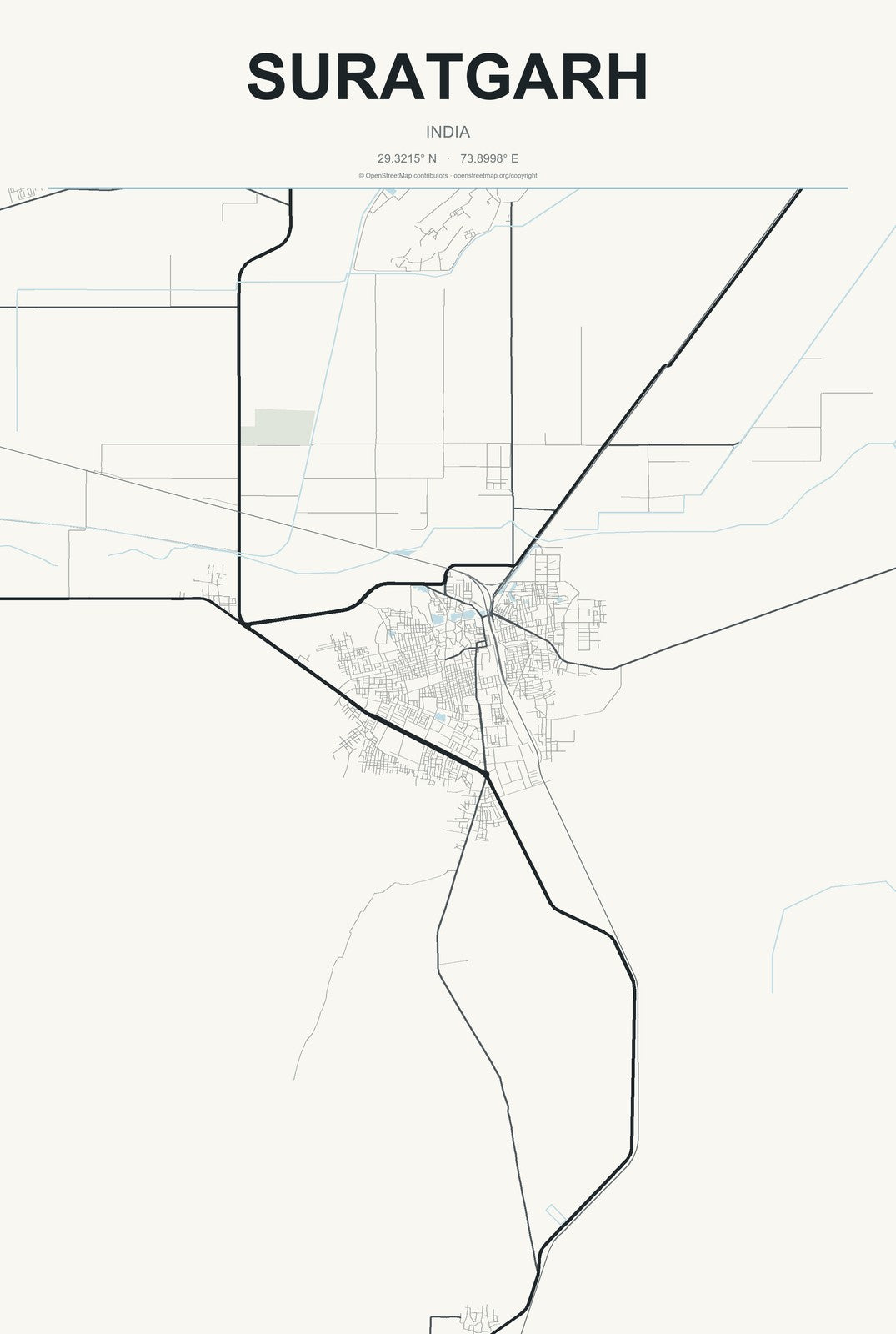 Suratgarh, India City Map Aluminum Sign in Headline Atlas style