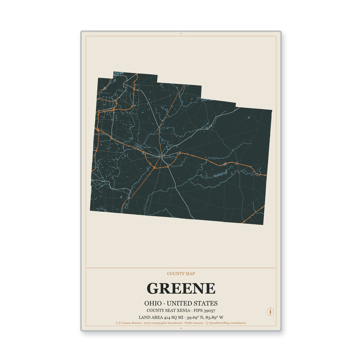 Greene County, Ohio Map Aluminum Sign in Headline Atlas style