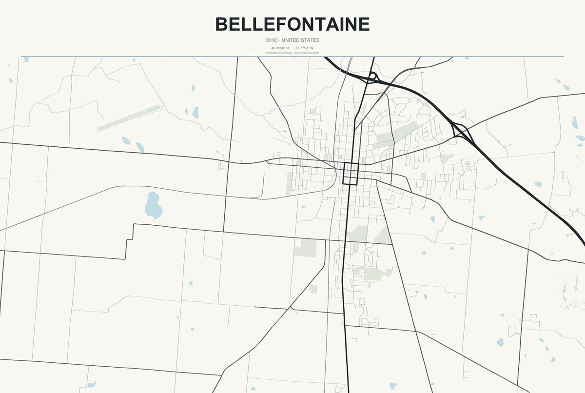 Bellefontaine, Ohio City Map Aluminum Sign in Headline Atlas style