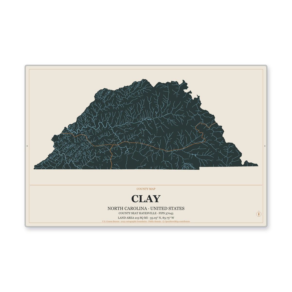 Clay County, North Carolina Map Aluminum Sign in Headline Atlas style
