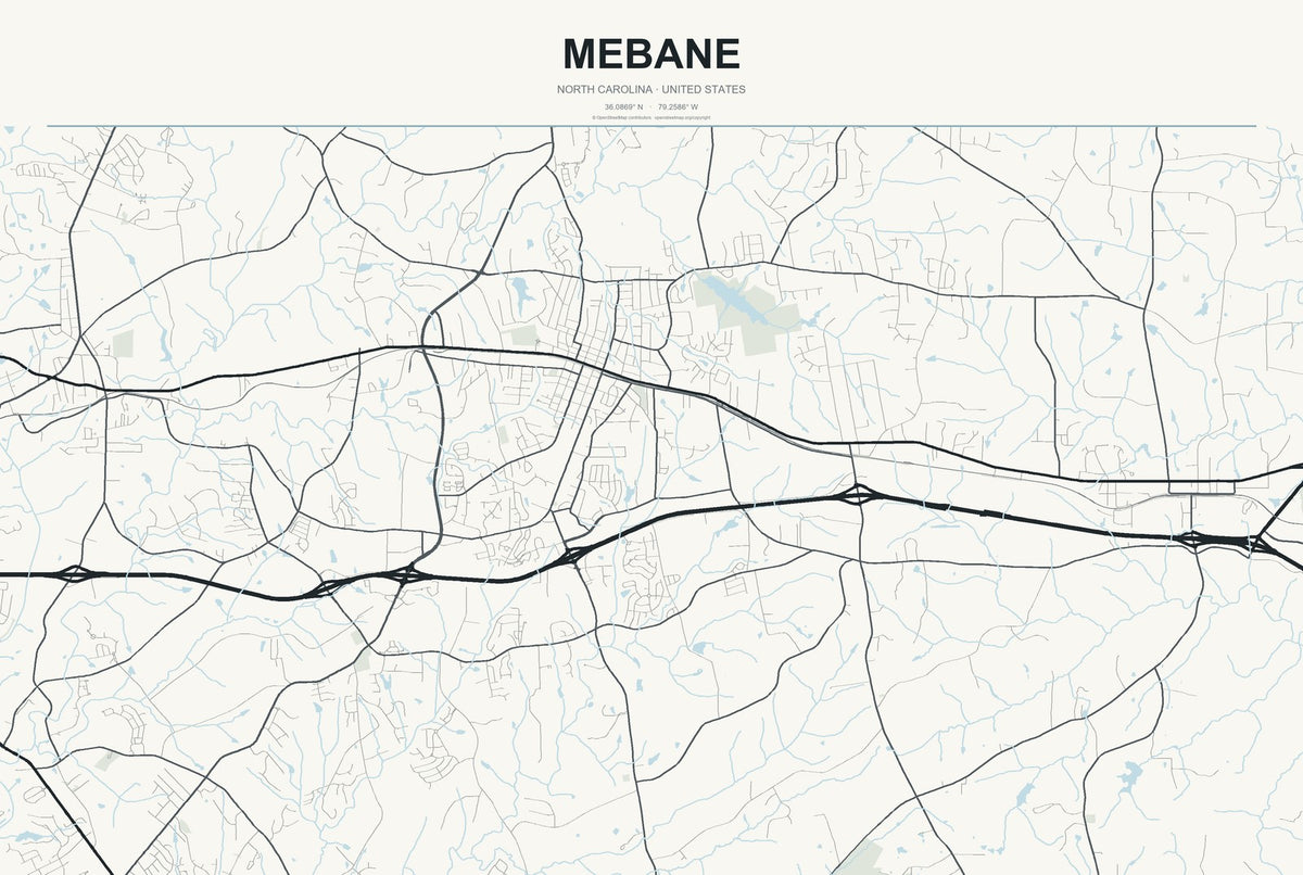 Mebane, North Carolina City Map Aluminum Sign in Headline Atlas style