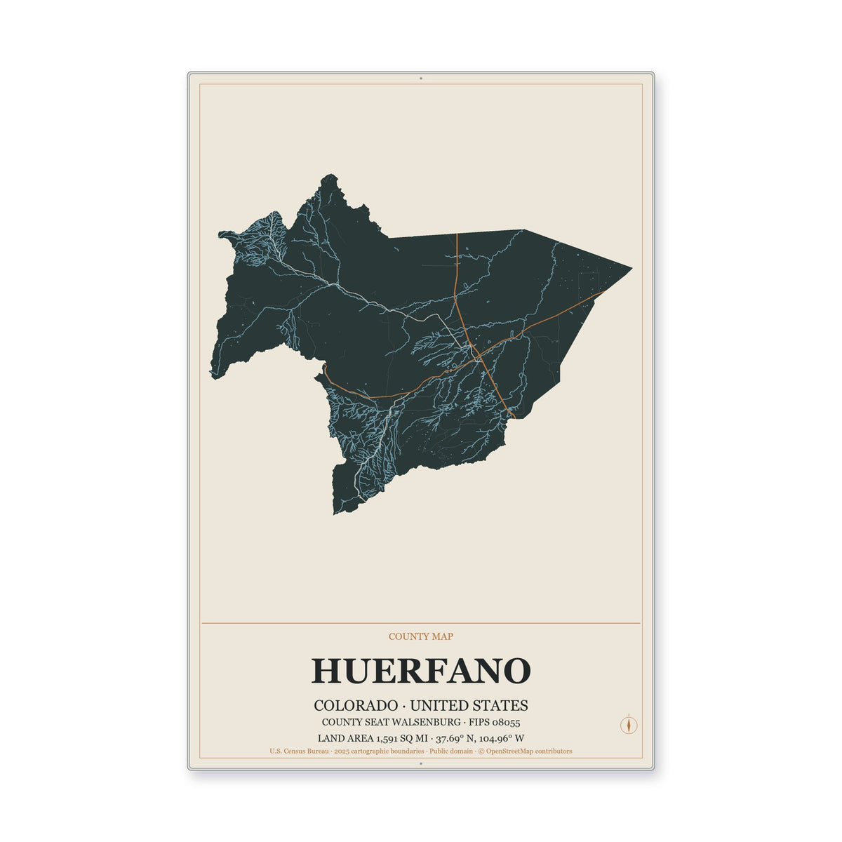 Huerfano County, Colorado Map Aluminum Sign in Headline Atlas style