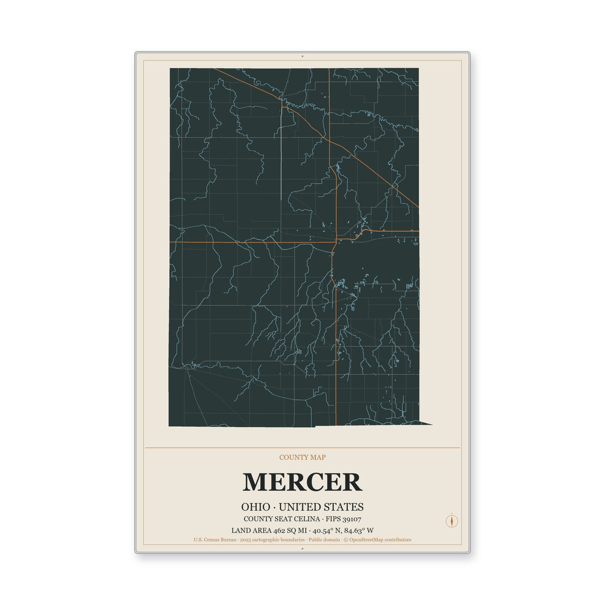 Mercer County, Ohio Map Aluminum Sign in Headline Atlas style