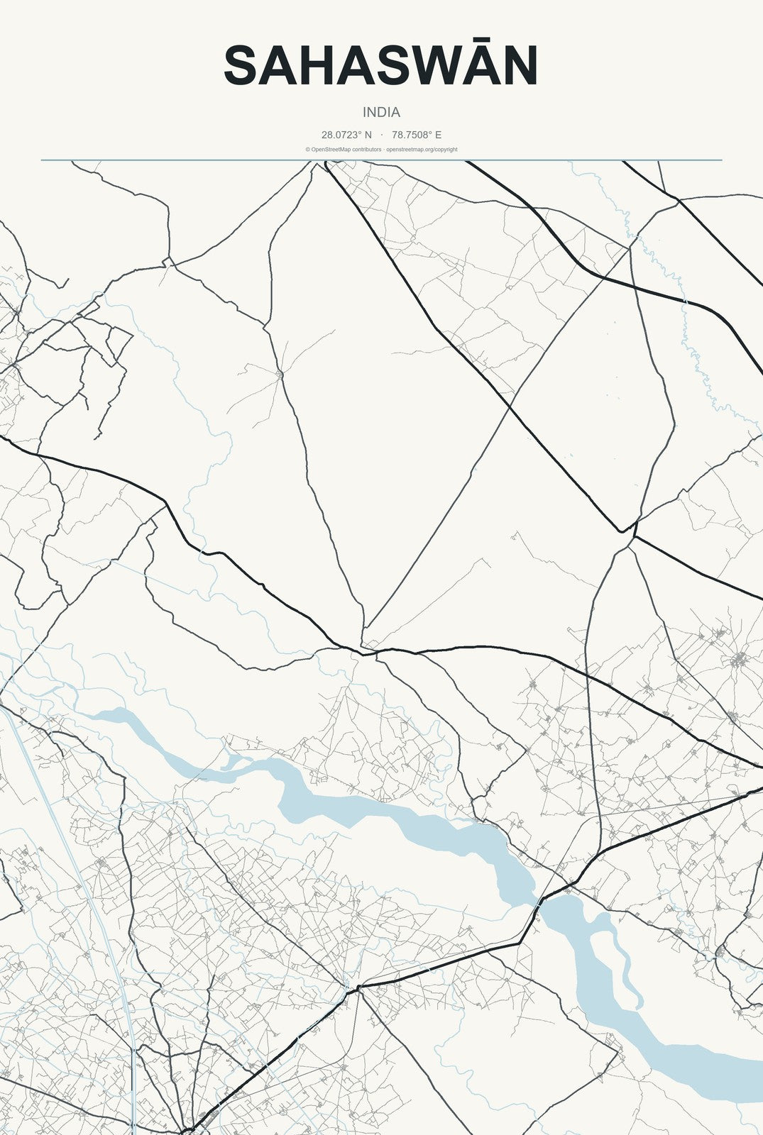 Sahaswān, India City Map Aluminum Sign in Headline Atlas style