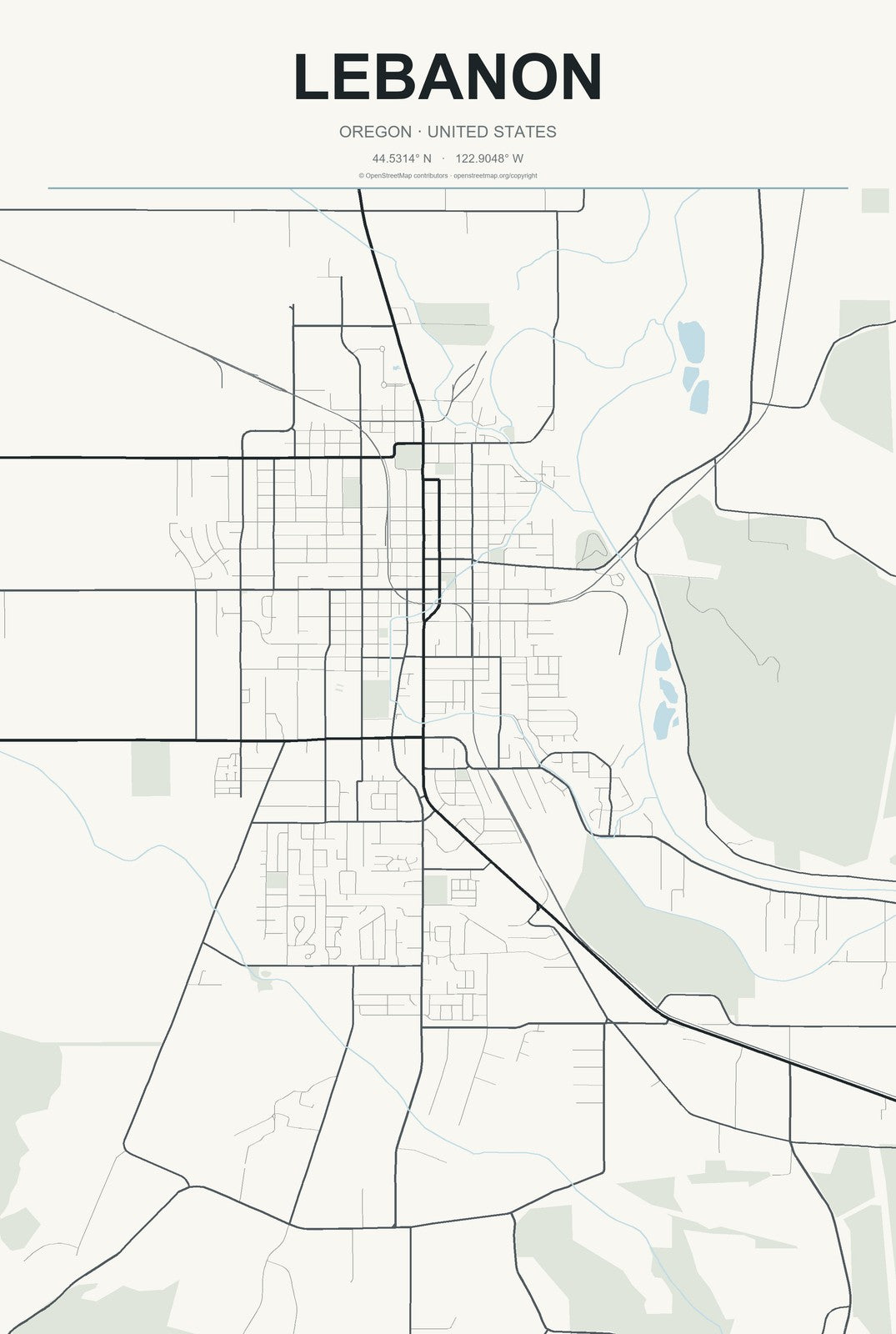 Lebanon, Oregon City Map Aluminum Sign in Headline Atlas style