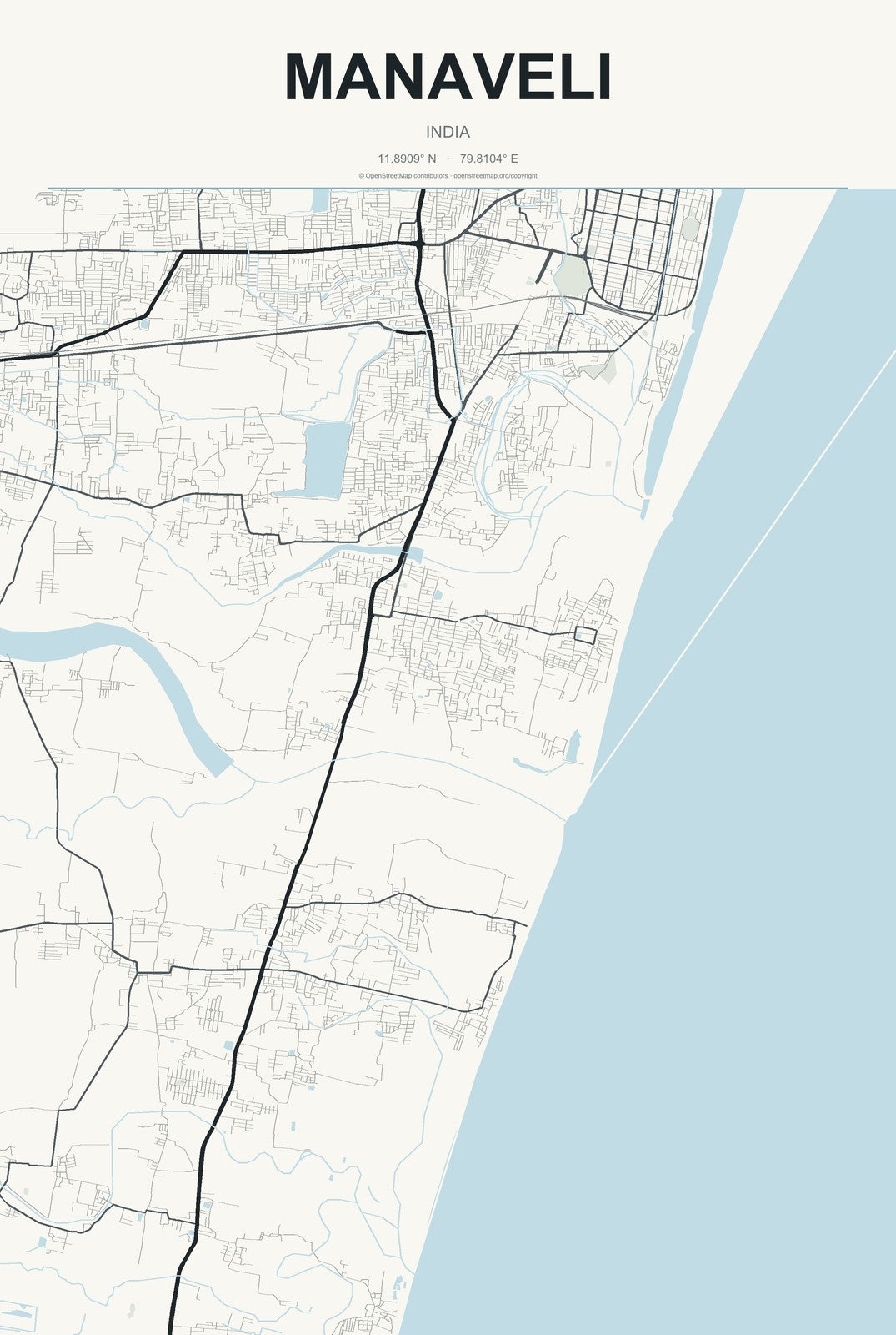 Manaveli, India City Map Aluminum Sign in Headline Atlas style