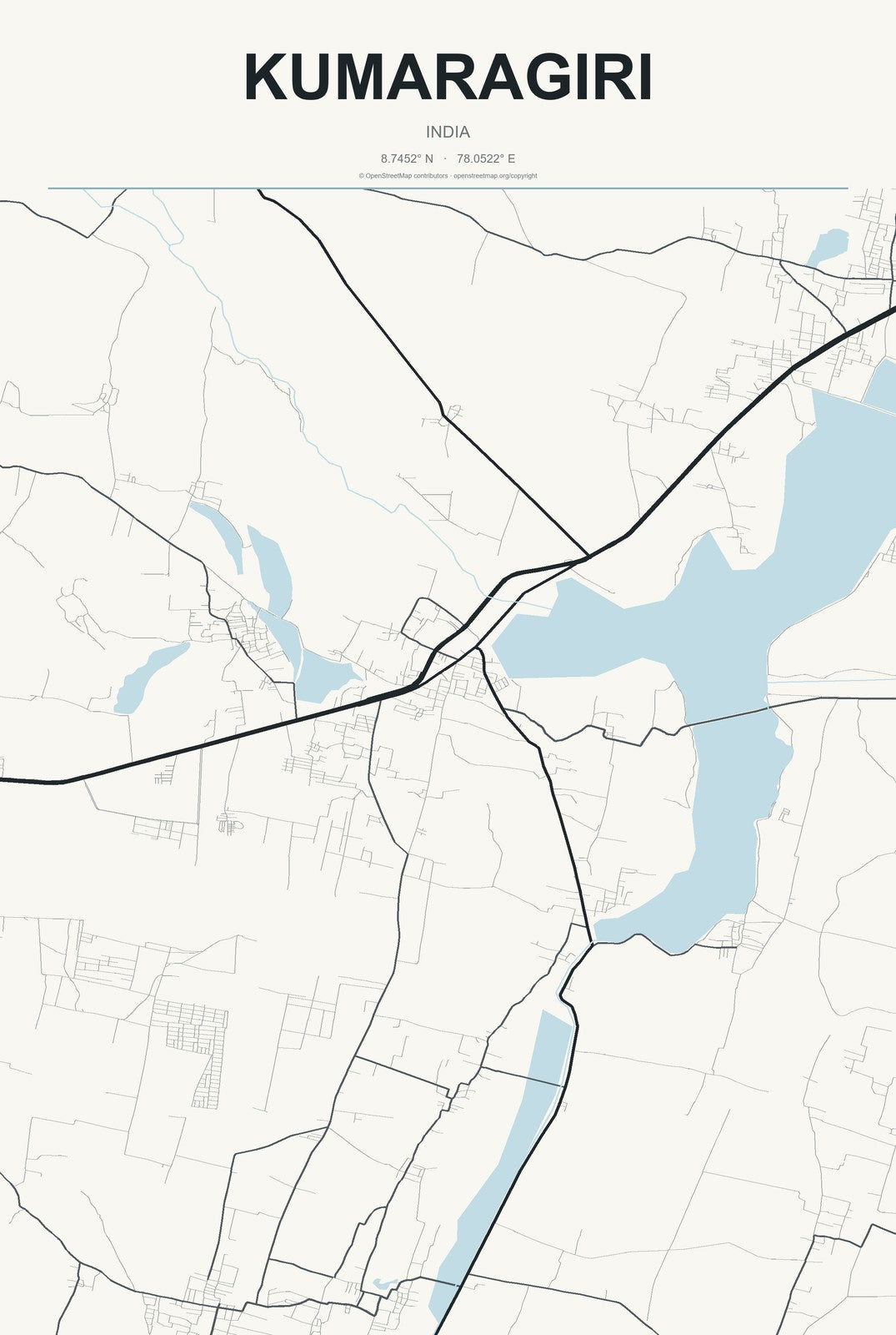Kumaragiri, India City Map Aluminum Sign in Headline Atlas style