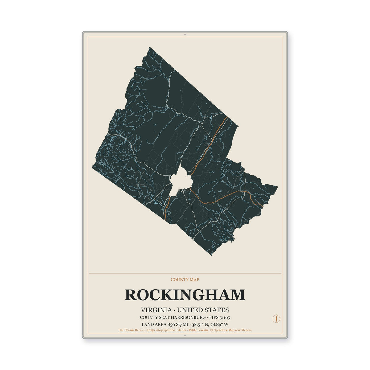 Rockingham County, Virginia Map Aluminum Sign in Headline Atlas style