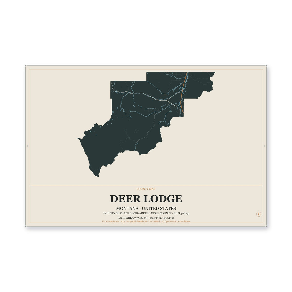 Deer Lodge County, Montana Map Aluminum Sign in Headline Atlas style