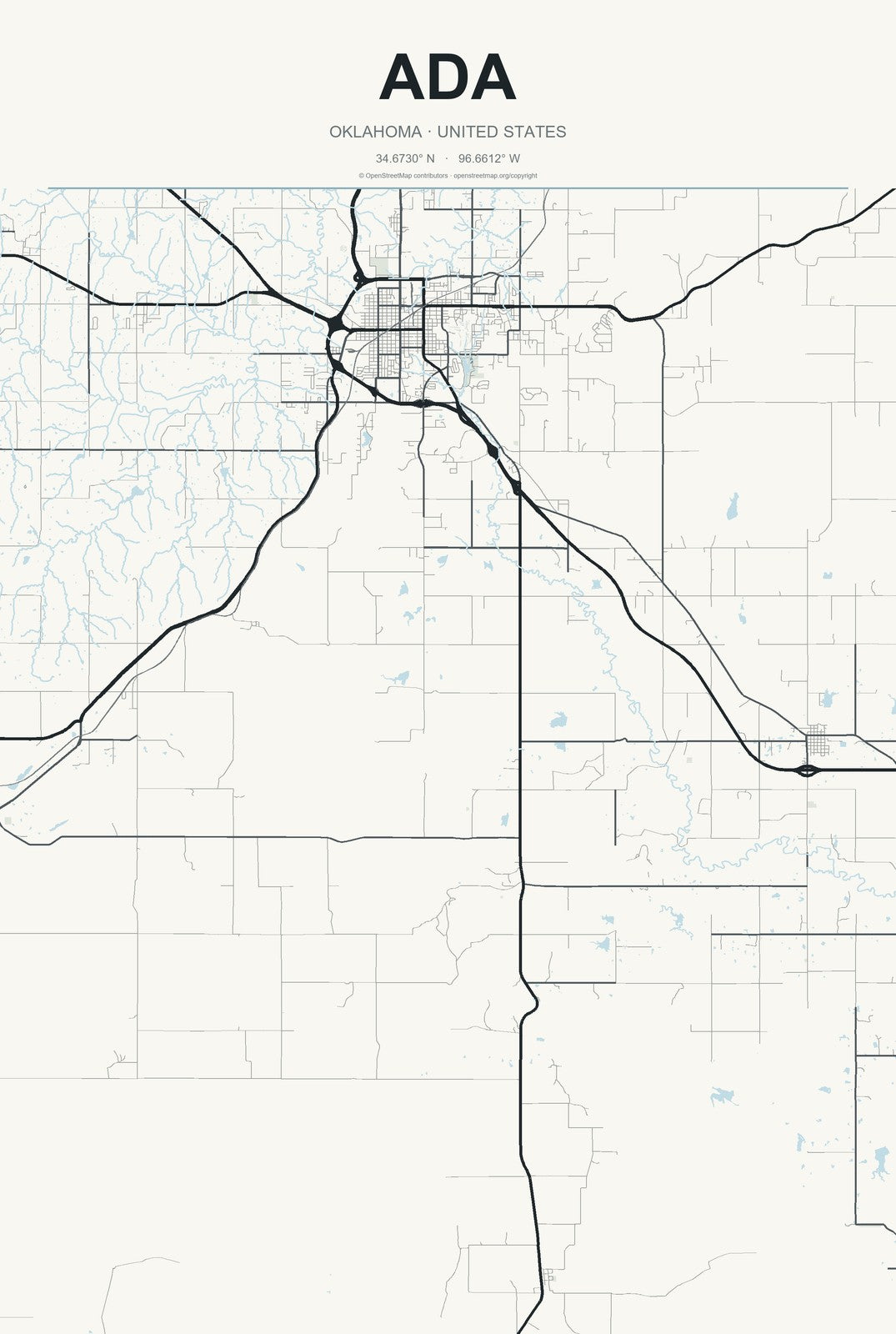 Ada, Oklahoma City Map Aluminum Sign in Headline Atlas style