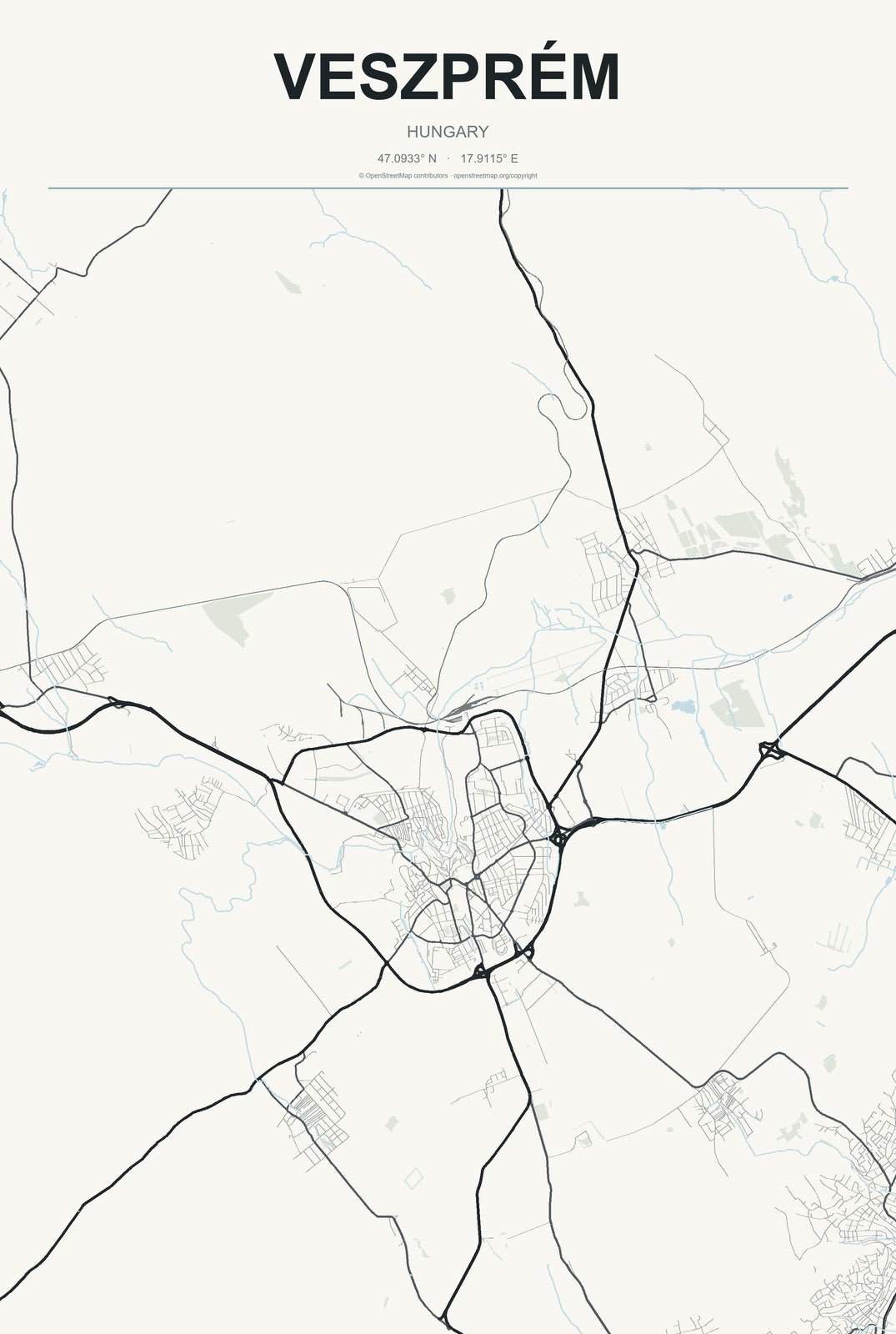 Veszprém, Hungary City Map Aluminum Sign in Headline Atlas style