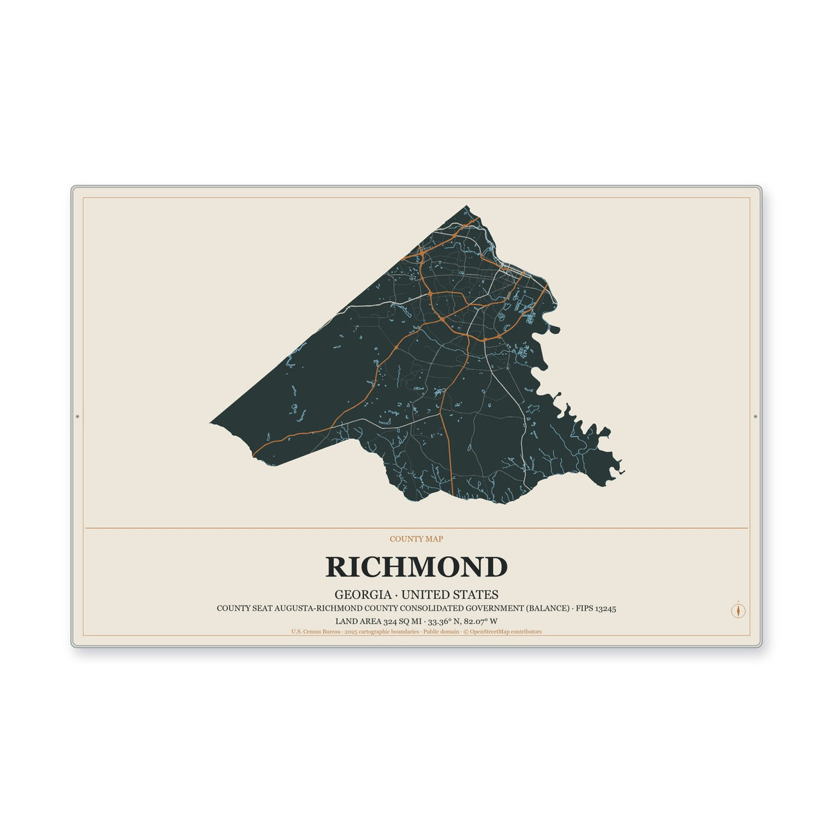 Richmond County, Georgia Map Aluminum Sign in Headline Atlas style