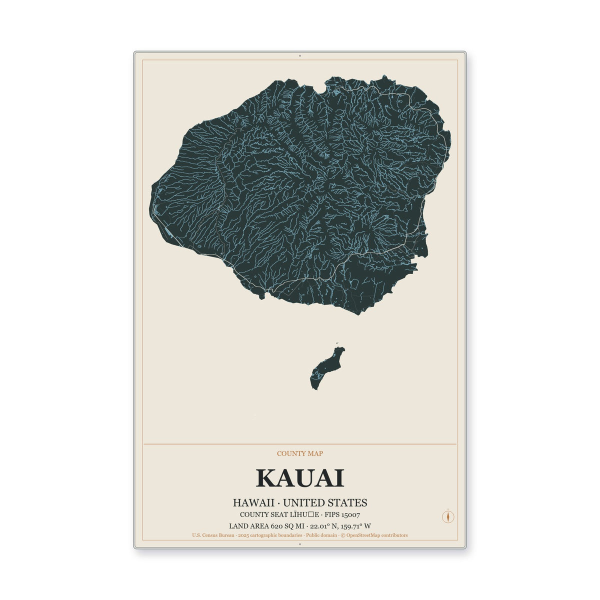 Kauai County, Hawaii Map Aluminum Sign in Headline Atlas style