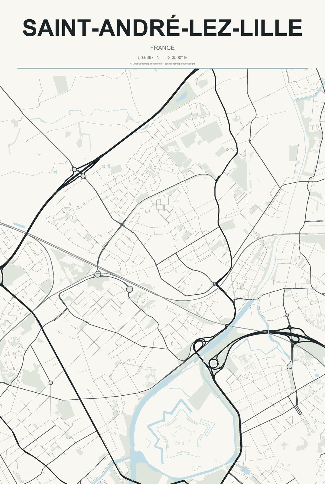 Saint-André-lez-Lille, France City Map Aluminum Sign in Headline Atlas style