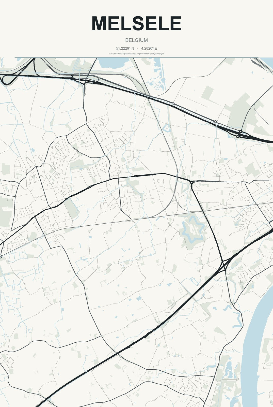 Melsele, Belgium City Map Aluminum Sign in Headline Atlas style