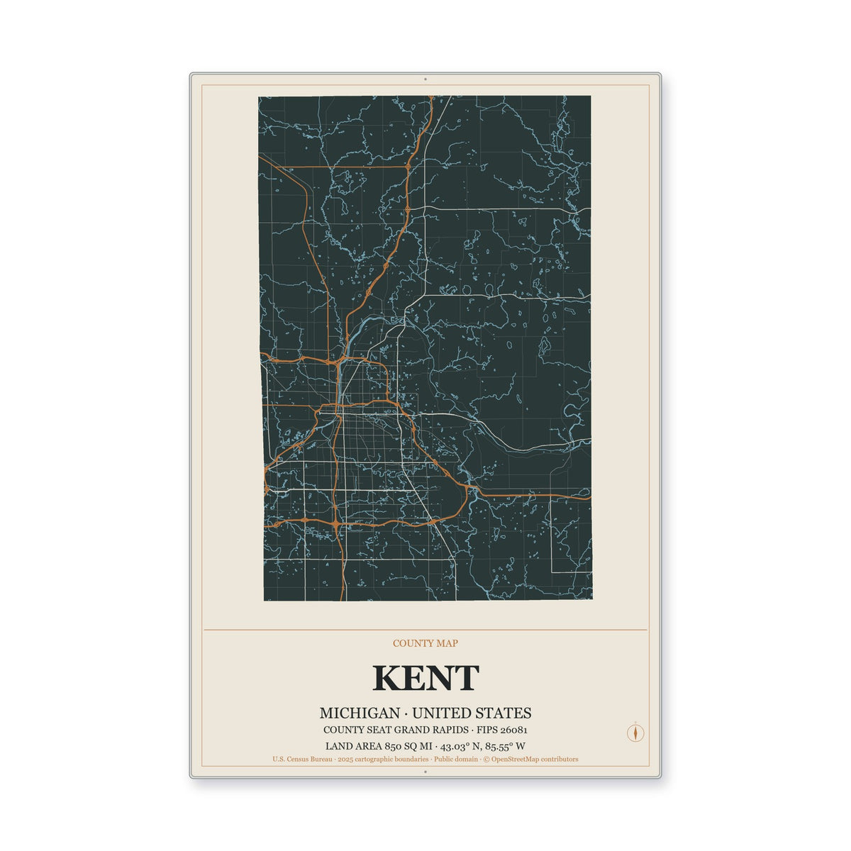 Kent County, Michigan Map Aluminum Sign in Headline Atlas style