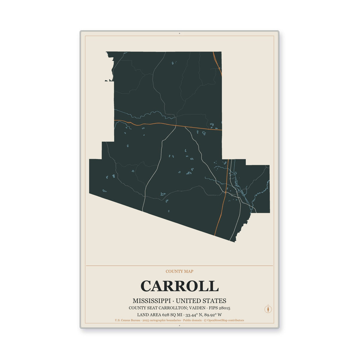 Carroll County, Mississippi Map Aluminum Sign in Headline Atlas style
