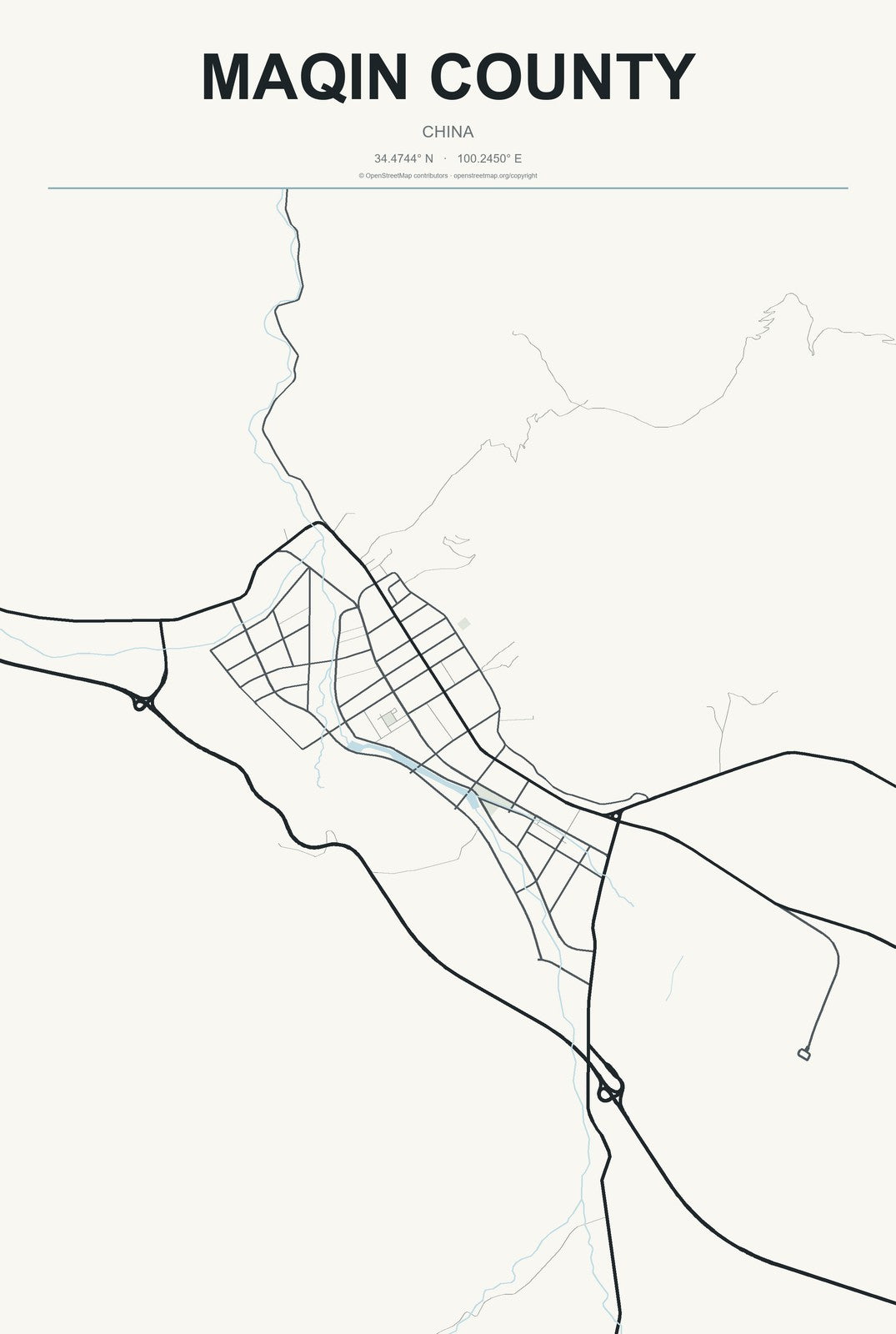 Maqin County, China City Map Aluminum Sign in Headline Atlas style