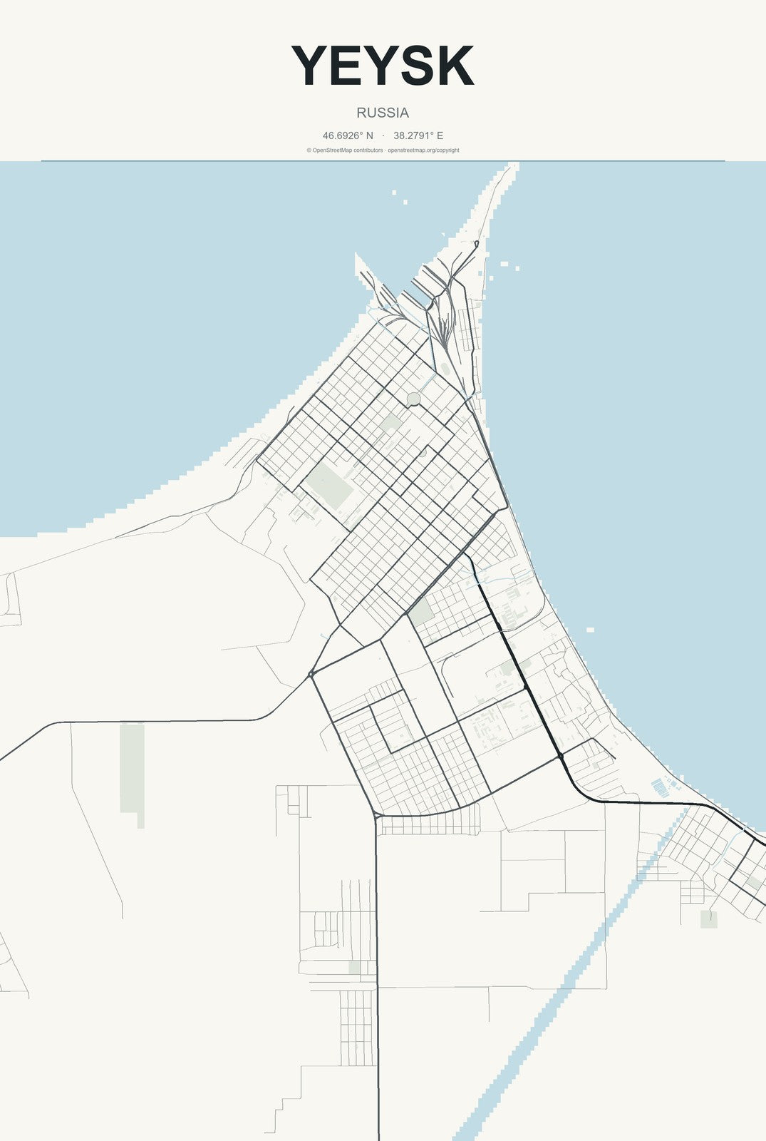 Yeysk, Russia City Map Aluminum Sign in Headline Atlas style