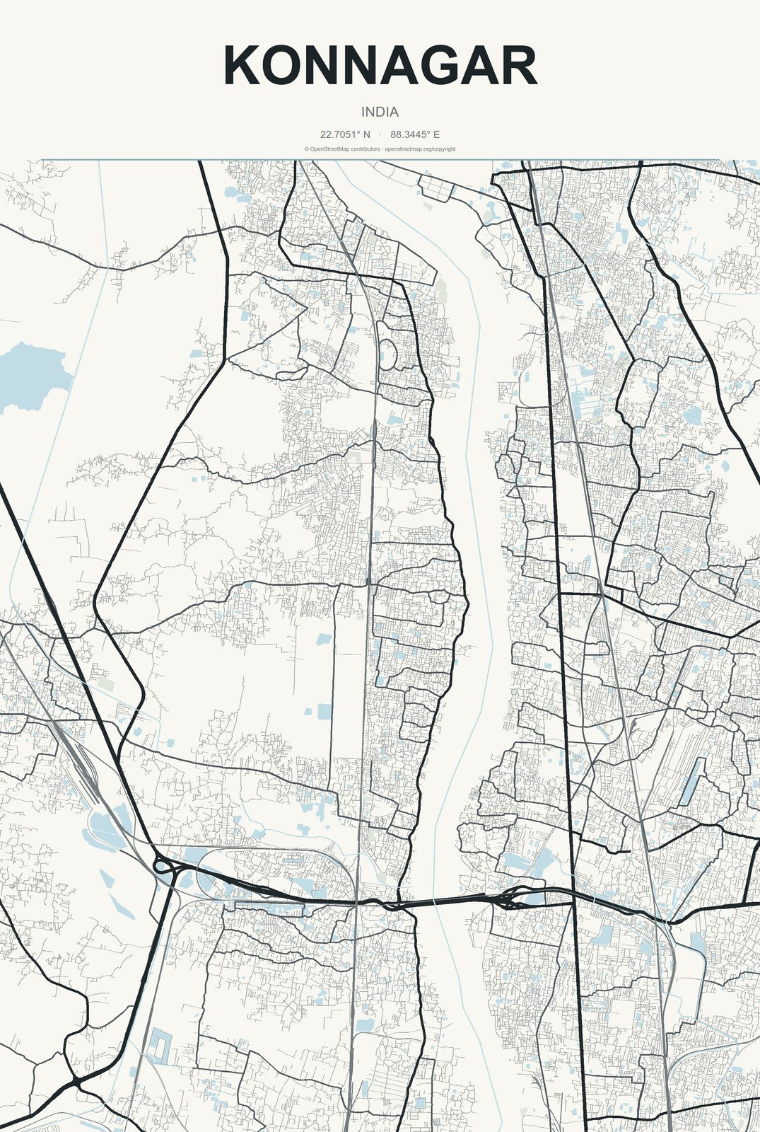 Konnagar, India City Map Aluminum Sign in Headline Atlas style
