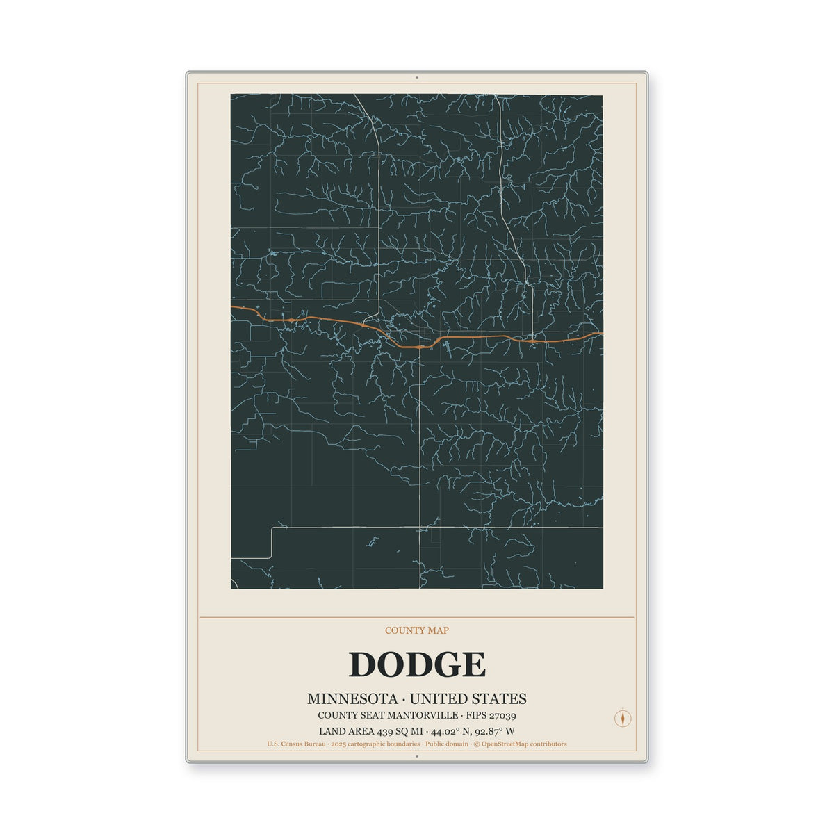 Dodge County, Minnesota Map Aluminum Sign in Headline Atlas style