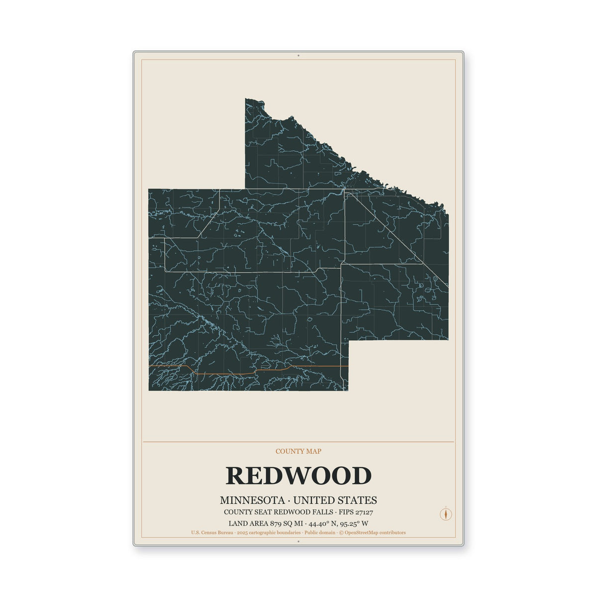 Redwood County, Minnesota Map Aluminum Sign in Headline Atlas style