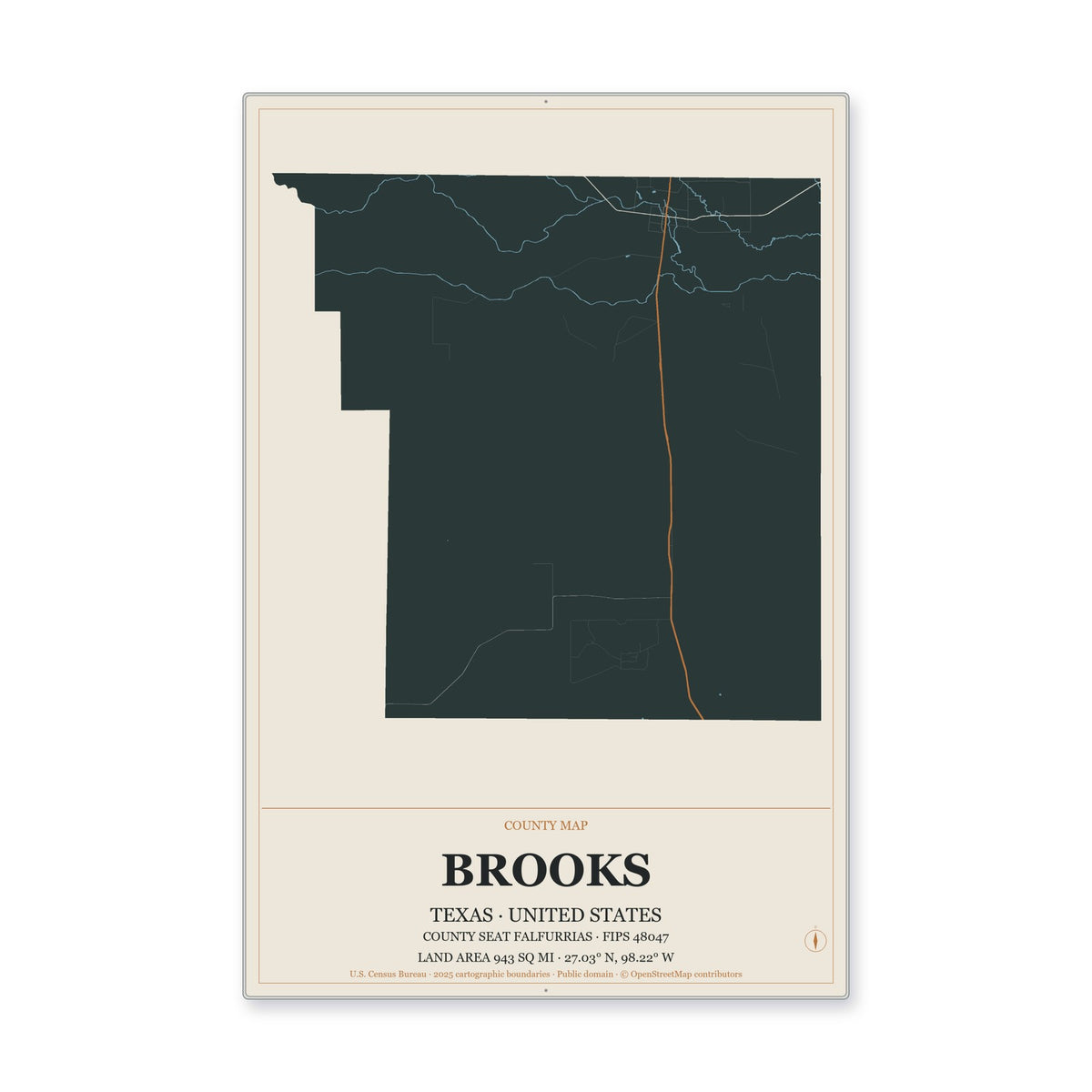 Brooks County, Texas Map Aluminum Sign in Headline Atlas style