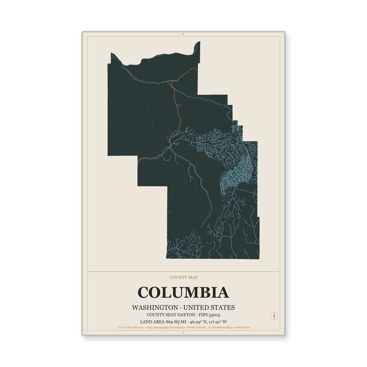 Columbia County, Washington Map Aluminum Sign in Headline Atlas style