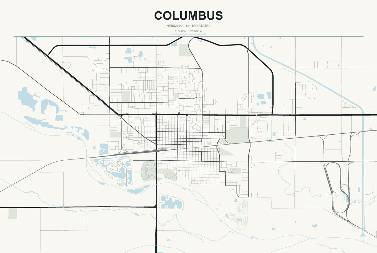 Columbus, Nebraska City Map Aluminum Sign in Headline Atlas style