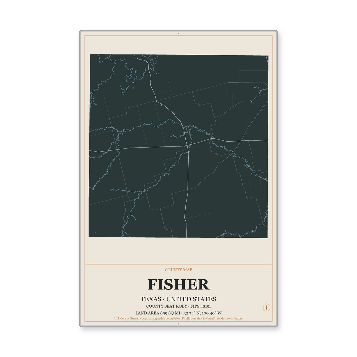 Fisher County, Texas Map Aluminum Sign in Headline Atlas style