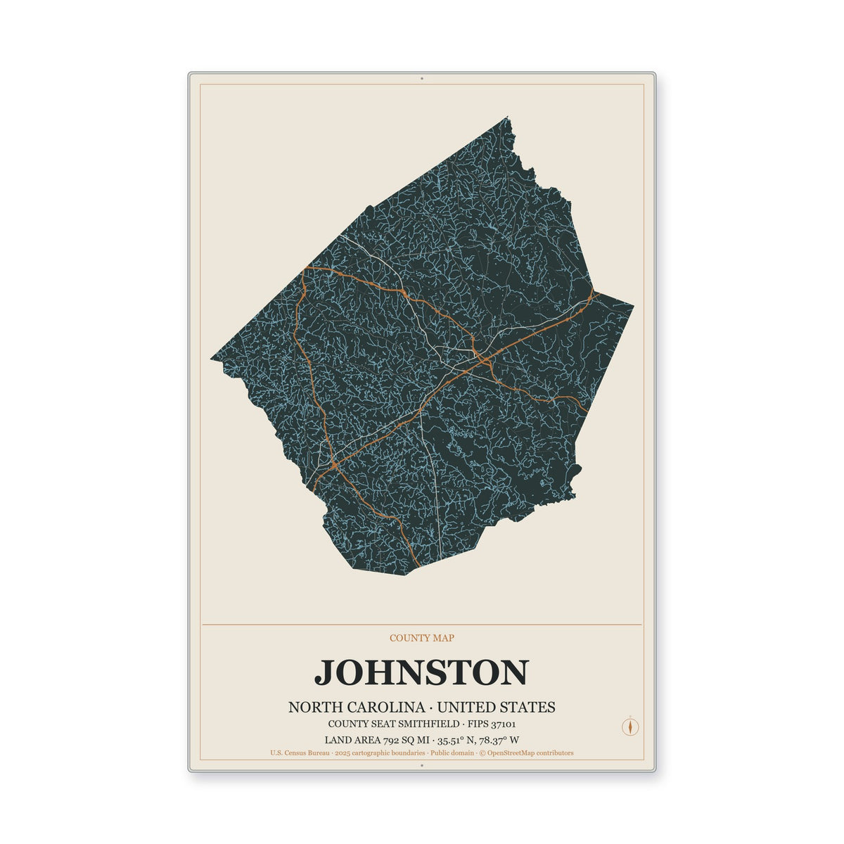 Johnston County, North Carolina Map Aluminum Sign in Headline Atlas style