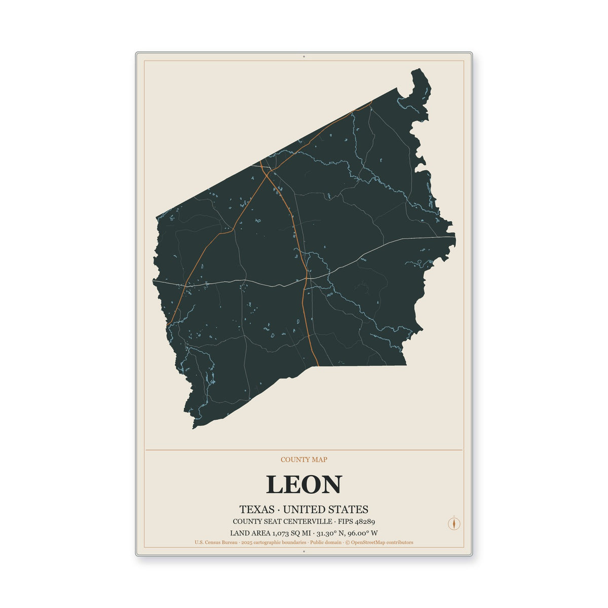 Leon County, Texas Map Aluminum Sign in Headline Atlas style