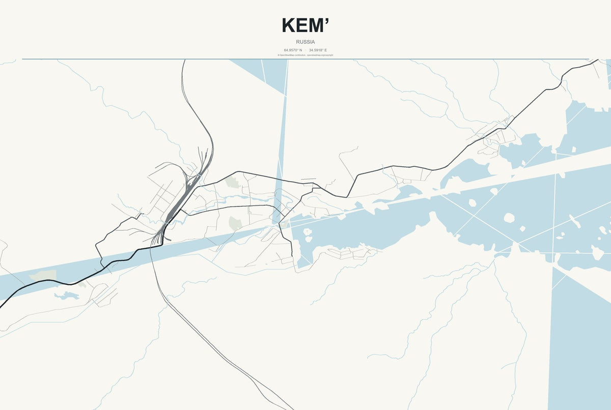 Kem’, Russia City Map Aluminum Sign in Headline Atlas style