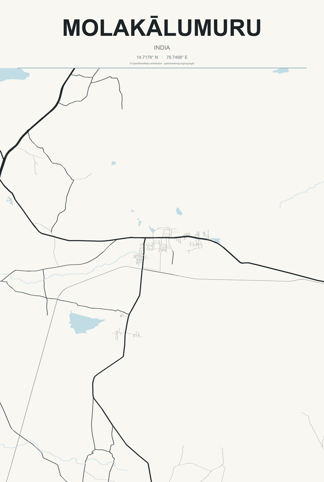 Molakālumuru, India City Map Aluminum Sign in Headline Atlas style
