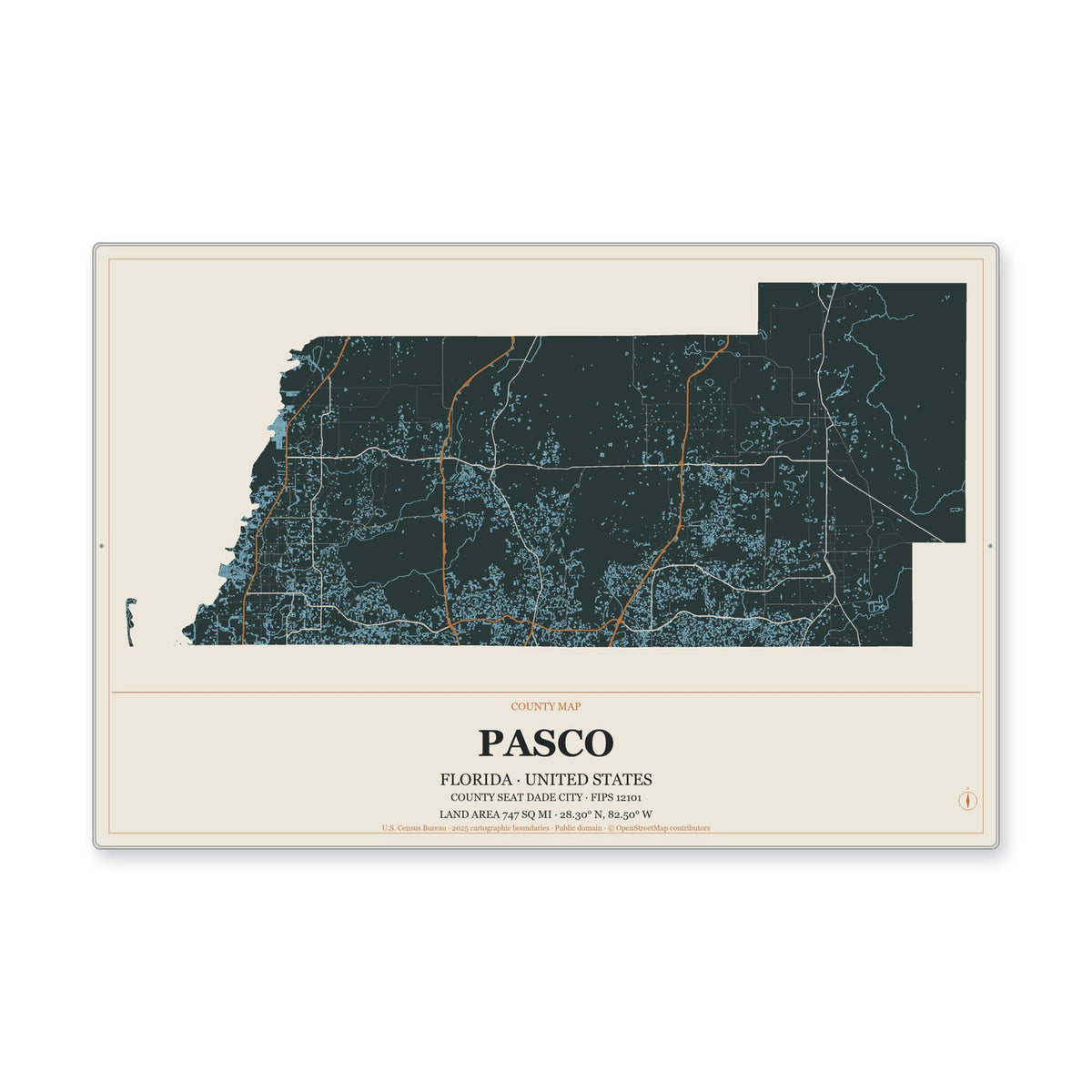 Pasco County, Florida Map Aluminum Sign in Headline Atlas style