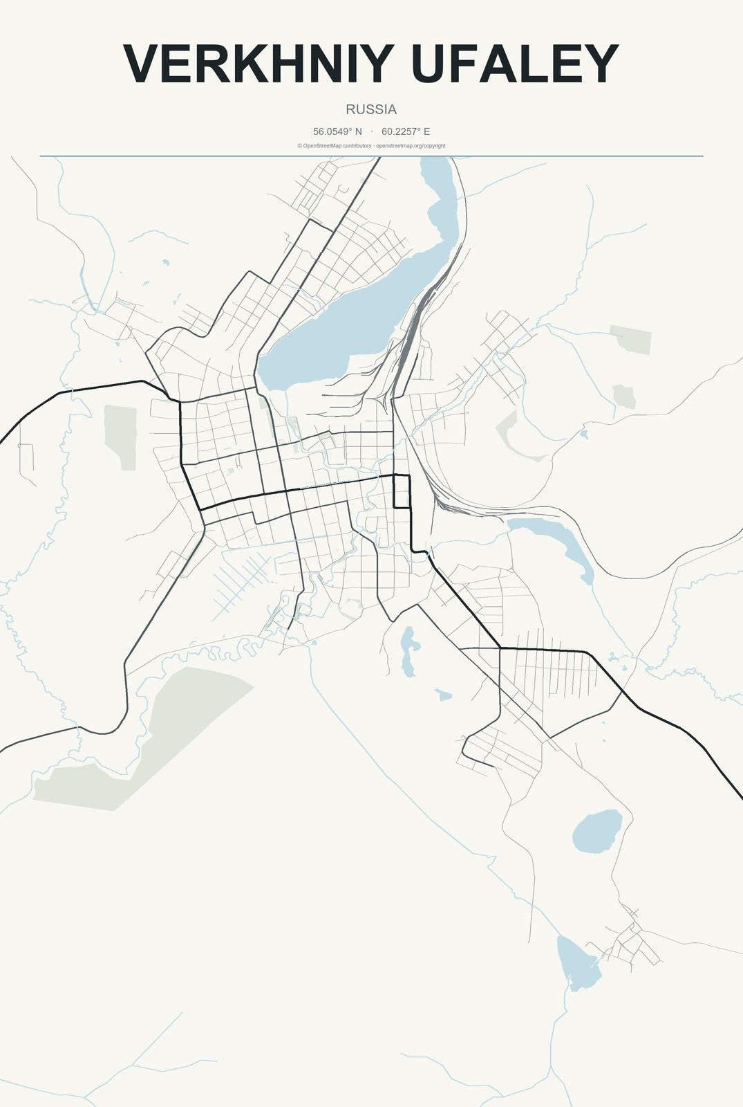 Verkhniy Ufaley, Russia City Map Aluminum Sign in Headline Atlas style