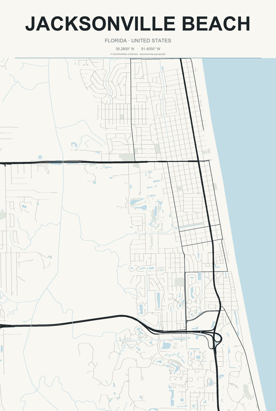 Jacksonville Beach, Florida City Map Aluminum Sign in Headline Atlas style