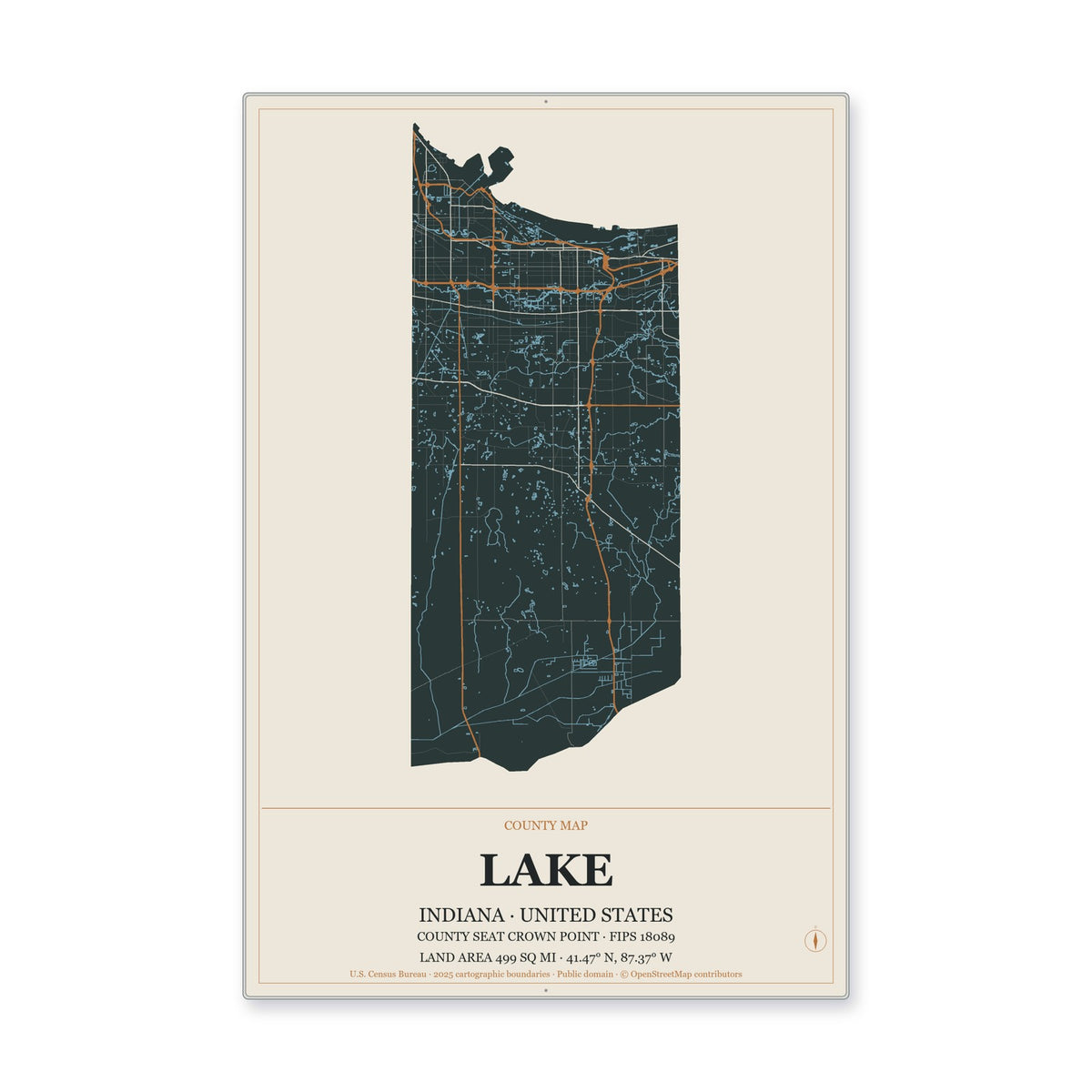 Lake County, Indiana Map Aluminum Sign in Headline Atlas style