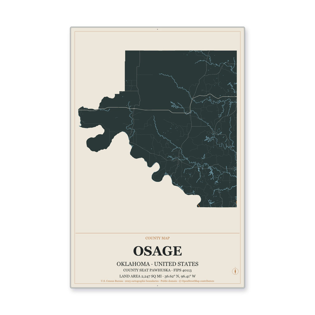 Osage County, Oklahoma Map Aluminum Sign in Headline Atlas style