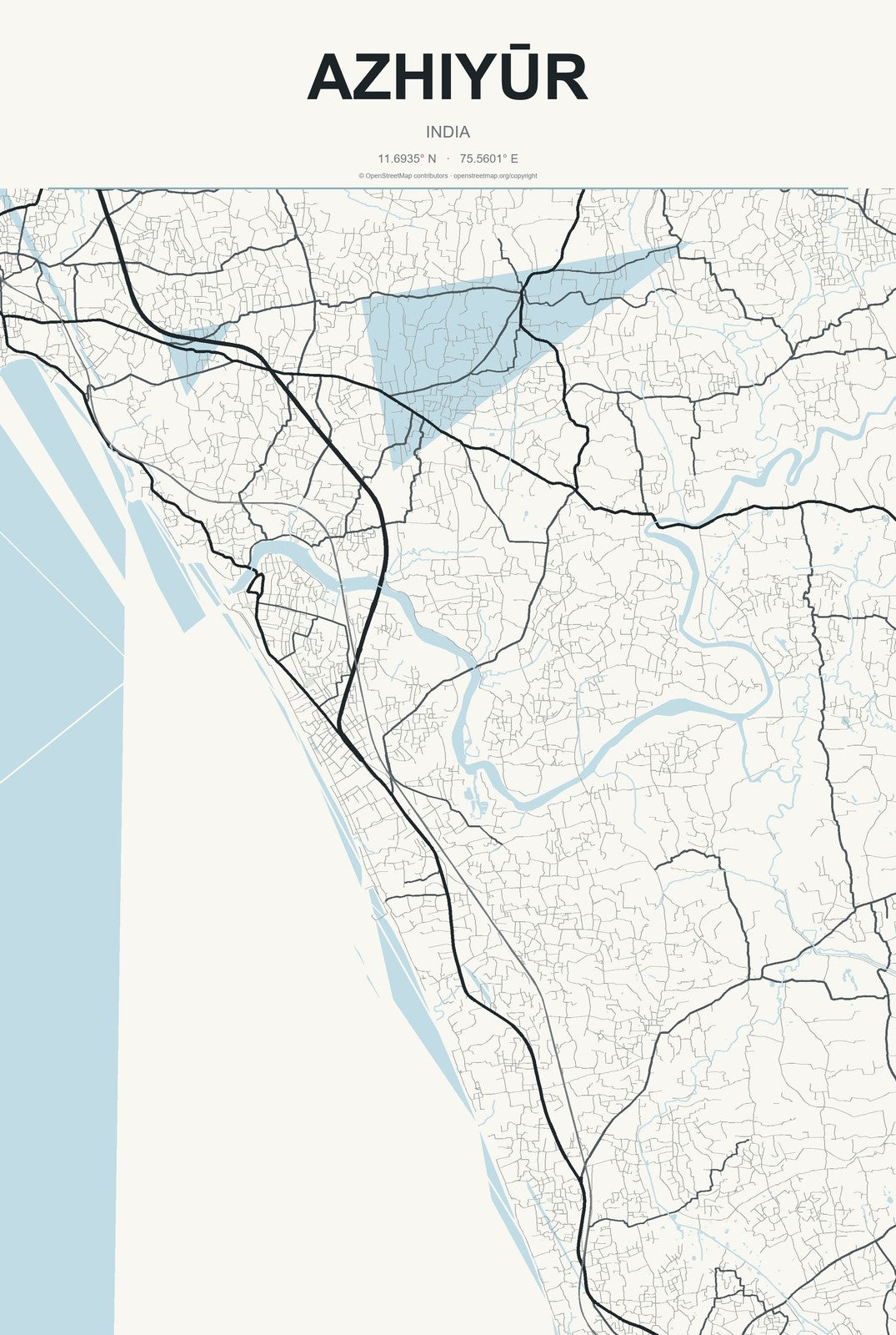 Azhiyūr, India City Map Aluminum Sign in Headline Atlas style