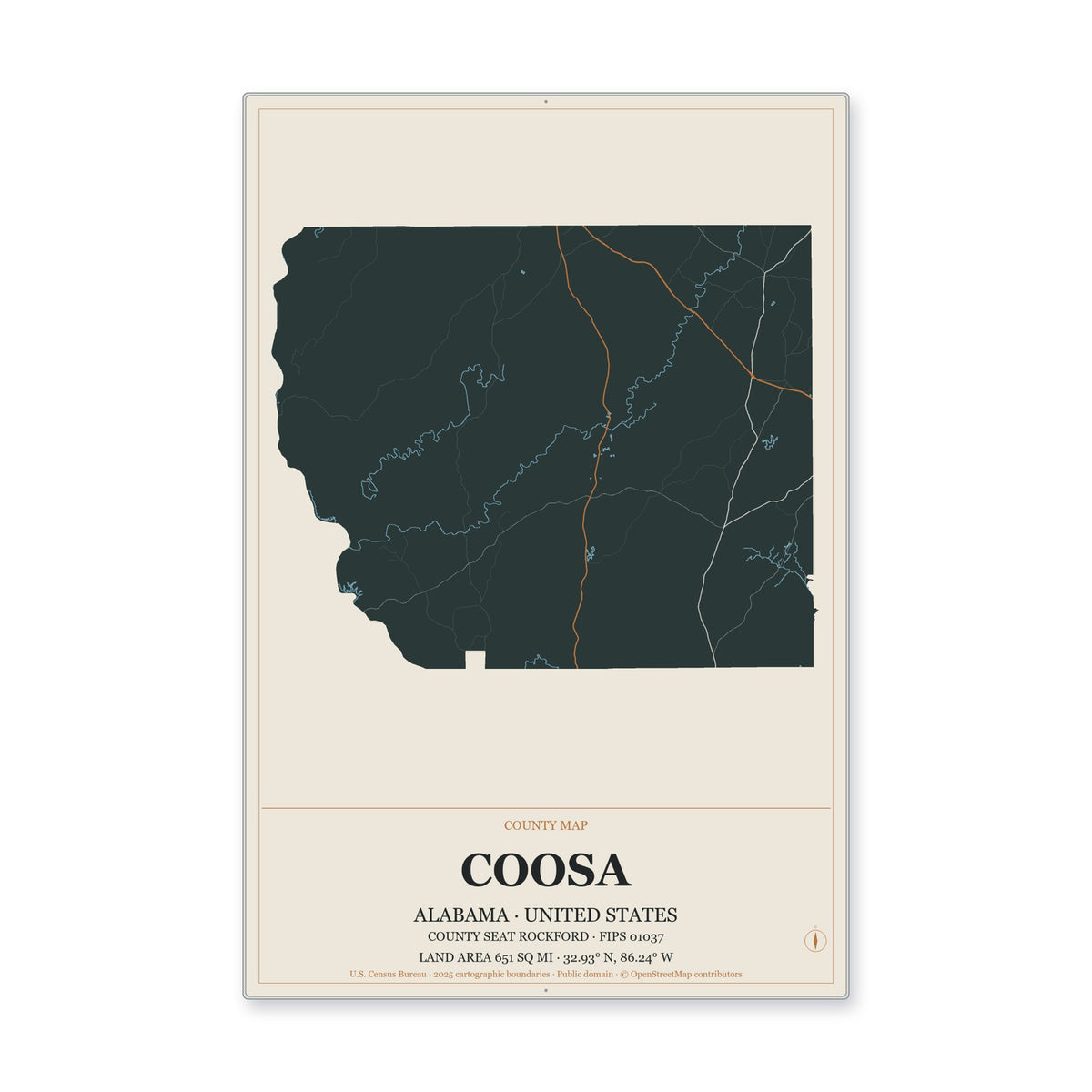 Coosa County, Alabama Map Aluminum Sign in Headline Atlas style