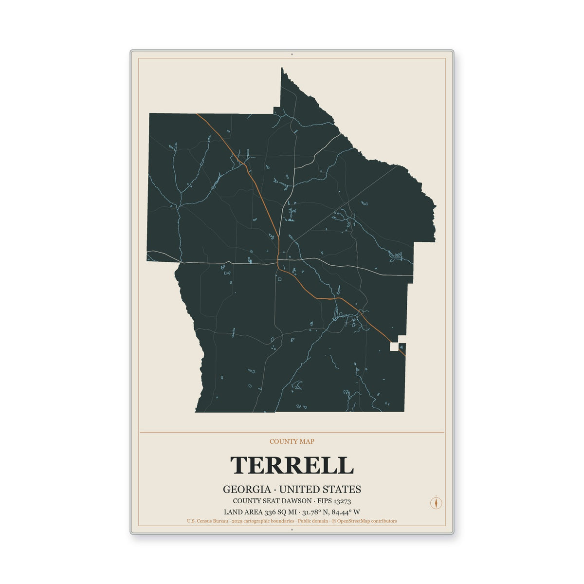 Terrell County, Georgia Map Aluminum Sign in Headline Atlas style