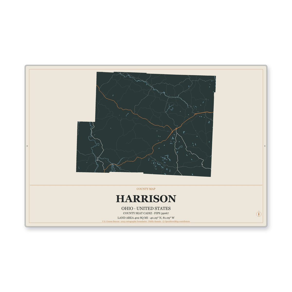 Harrison County, Ohio Map Aluminum Sign in Headline Atlas style