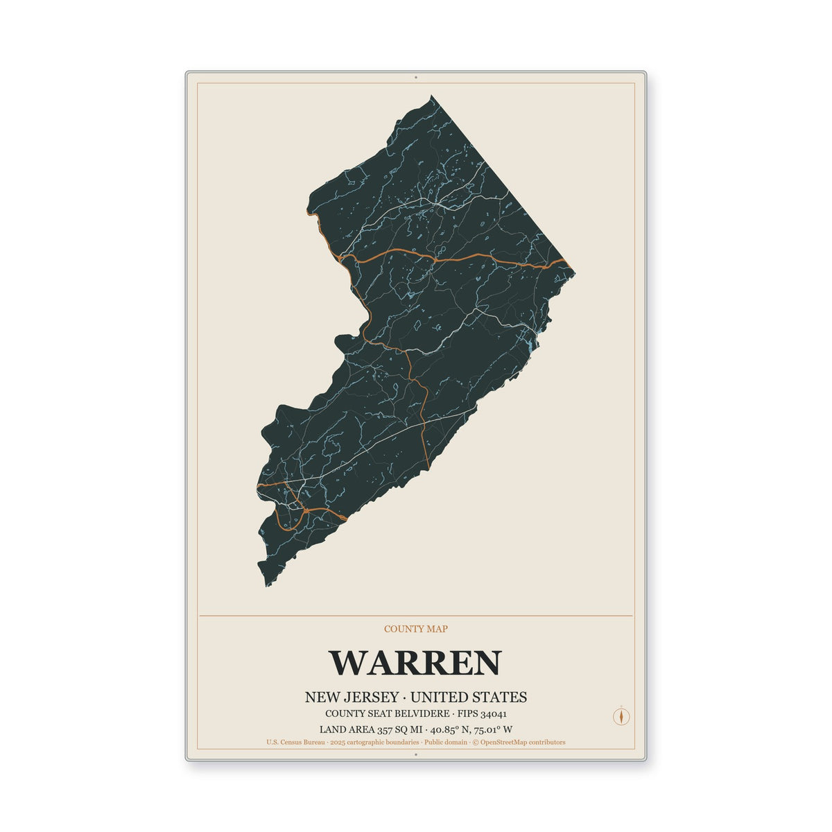 Warren County, New Jersey Map Aluminum Sign in Headline Atlas style