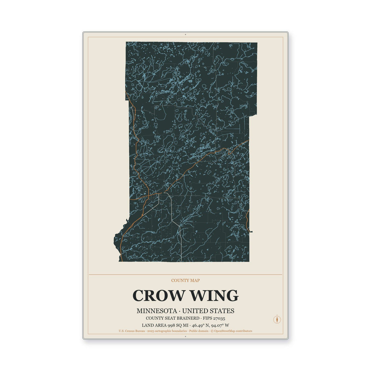 Crow Wing County, Minnesota Map Aluminum Sign in Headline Atlas style