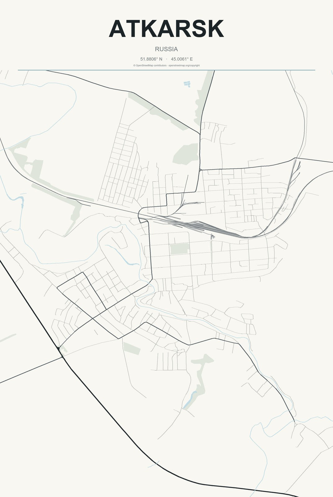 Atkarsk, Russia City Map Aluminum Sign in Headline Atlas style